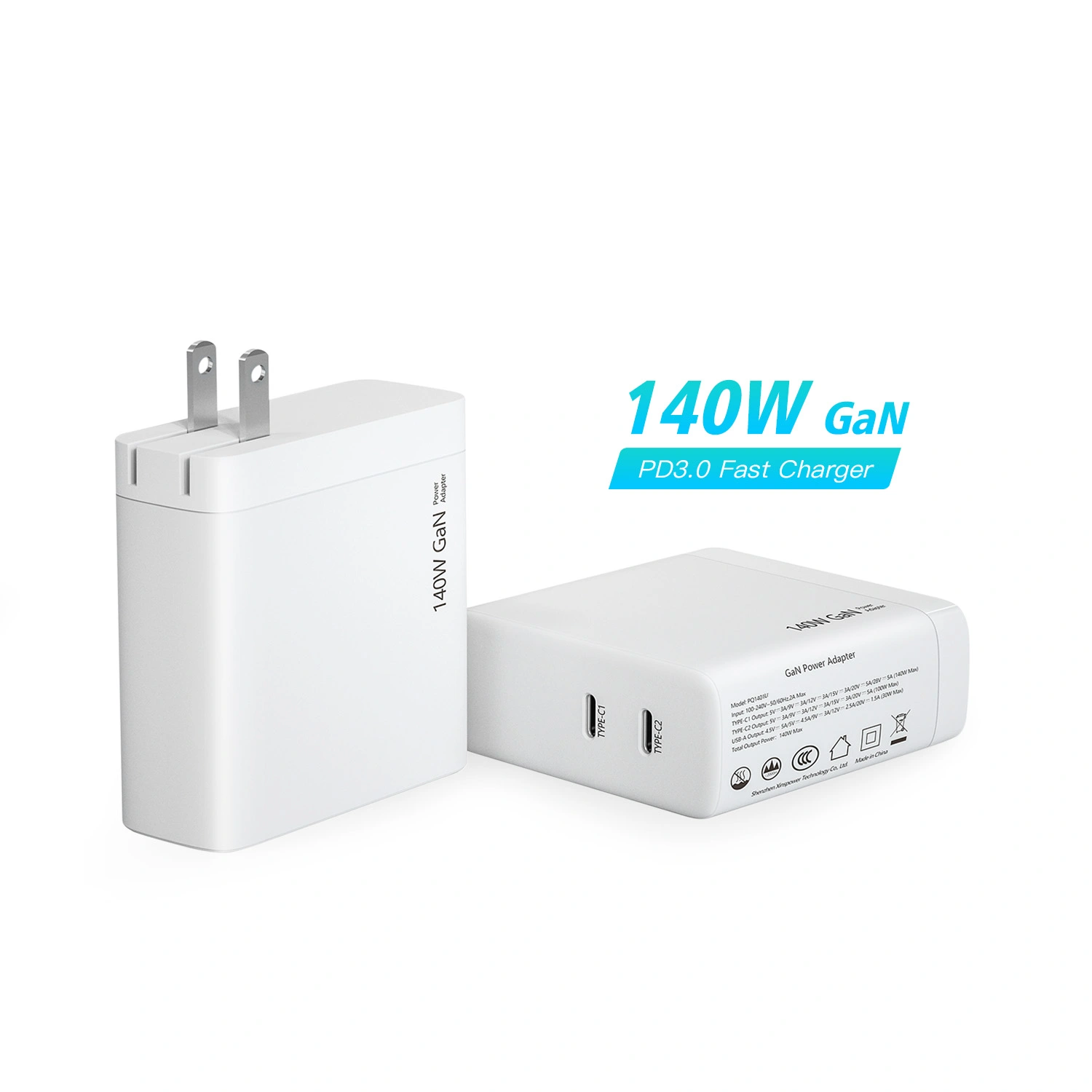 Chargeur PD double port USB C 140W, prise US pliable